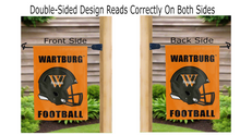 Load image into Gallery viewer, wartburg college football logo reading correctly on both sides of orange double sided garden flag
