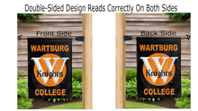 Load image into Gallery viewer, wartburg college knights logo reading correctly on both sides of lack double sided garden flag
