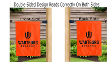 Load image into Gallery viewer, wartburg college logo reading correctly on both sides of orange double sided garden flag
