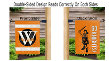 Load image into Gallery viewer, wartburg go knights logo reading correctly on both sides of orange double sided garden flag
