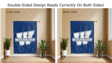 Load image into Gallery viewer, washburn university logo reading correctly on both sides of blue double sided house flag
