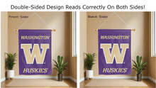 Load image into Gallery viewer, washington huskies logo reading correctly on both sides of purple double sided house flag
