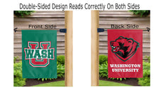 Load image into Gallery viewer, washington university in st louis uwash and bear logo reading correctly on both sides of green and red double sided garden flag
