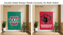 Load image into Gallery viewer, washington university in st louis uwash and bear logo reading correctly on both sides of green and red double sided house flag
