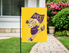 Load image into Gallery viewer, gold wcu double sided garden flag with west chester mascot logo for yard decor
