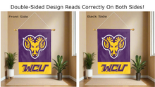 Load image into Gallery viewer, wcu golden rams logo reading correctly on both sides of purple and gold double sided house flag
