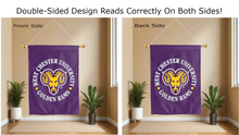 Load image into Gallery viewer, west chester university golden rams logo reading correctly on both sides of purple double sided house flag
