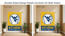 Load image into Gallery viewer, west virginia wvu baseball logo reading correctly on both sides of gold and blue double sided house flag

