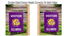 Load image into Gallery viewer, western illinois logo reading correctly on both sides of purple garden flag
