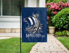 Load image into Gallery viewer, blue western washington university garden flag with viking ship logo for yard decor
