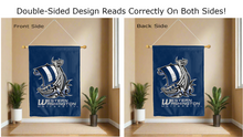 Load image into Gallery viewer, western washington university vikings ship logo reading correctly on both sides of blue double sided house flag
