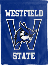 Load image into Gallery viewer, blue westfield state owls double sided house flag for man cave decor
