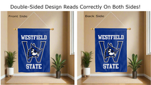 Load image into Gallery viewer, westfield state owls logo reading correctly on both sides of blue double sided house flag
