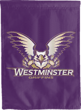Load image into Gallery viewer, purple westminster university griffins double sided house flag for game day decor
