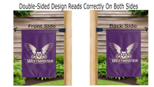 Load image into Gallery viewer, westminster university griffins logo reading correctly on both sides of purple double sided garden flag
