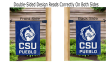Load image into Gallery viewer, white csu pueblo logo reading correctly on both sides of blue garden flag
