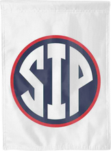 Load image into Gallery viewer, white double sided garden flag with ole miss sip logo hung outside for man cave decor
