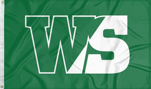 Load image into Gallery viewer, green william smith college flag with ws logo for college dorm decor
