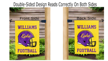 Load image into Gallery viewer, williams college ephs football logo reading correctly on both sides of gold double sided garden flag
