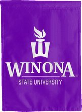 Load image into Gallery viewer, purple winona state university double sided house flag for game day decor
