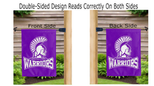 Load image into Gallery viewer, winona state warriors logo reading correctly on both sides of purple double sided garden flag
