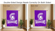 Load image into Gallery viewer, winona state warriors logo reading correctly on both sides of purple double sided house flag

