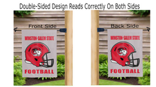 Load image into Gallery viewer, winston-salem state football logo reading correctly on both sides of grey double sided garden flag

