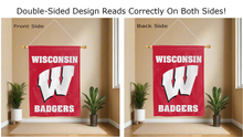 Load image into Gallery viewer, wisconsin badgers logo reading correctly on both sides of red double sided house flag
