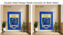 Load image into Gallery viewer, worcester state university lancers logo reading correctly on both sides of blue double sided house flag
