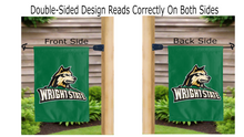 Load image into Gallery viewer, wright state raiders logo reading correctly on both sides of green double sided garden flag
