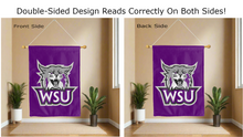 Load image into Gallery viewer, wsu logo reading correctly on both sides of purple weber state university double sided house flag
