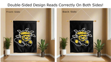 Load image into Gallery viewer, wsu shockers logo reading correctly on both sides of black double sided house flag
