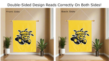 Load image into Gallery viewer, wsu shockers logo reading correctly on both sides of gold double sided house flag
