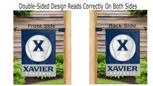 Load image into Gallery viewer, xavier baseball logo reading correctly on both sides of blue and grey double sided garden flag
