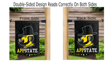Load image into Gallery viewer, yosef app state logo reading correctly on both sides of black double sided garden flag
