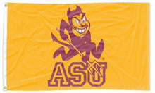 Load image into Gallery viewer, Gold 3x5 ASU Flag with ASU Sparky Sun Devil Logo and Two Metal Grommets
