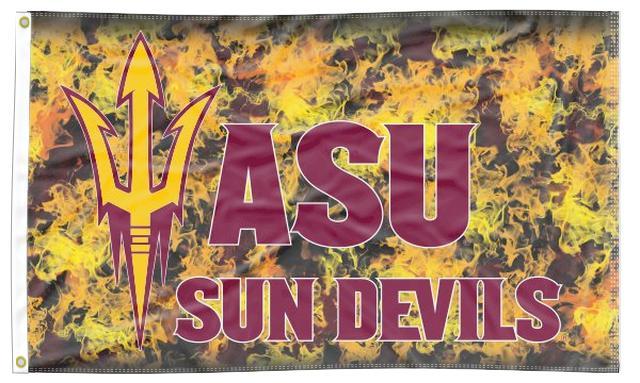 3x5 ASU Flag with ASU Sun Devils Logo and Fire Background and Two Metal Grommets