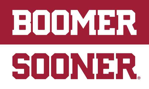Red and White 2 Panel 3x5 University of Oklahoma Flag with Boomer Sooner Logo