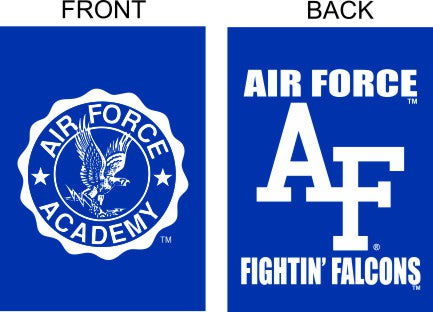 Blue 30x40 inch long Double Sided Air Force Academy House Flag with Academy Seal Logo On the Front Side and Air Force AF Fightin' Falcons logo on the Back Side