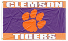 Load image into Gallery viewer, Purple and Orange 3 Panel 3x5 Clemson University Flag with Clemson Tigers Logo and Two Metal Grommets
