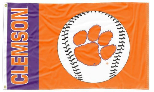 Purple and Orange 3x5 Clemson University Flag with Clemson Baseball Logo and Two Metal Grommets