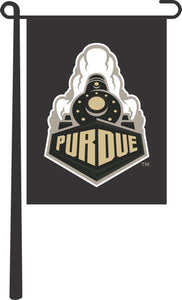 Black 13x18 Purdue Garden Flag with Boilermakers Special Train Logo