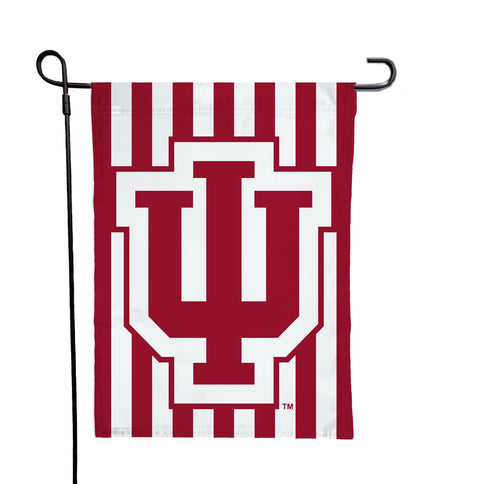 Indiana University Garden Flag with Red and White Candy Stripes Background and Indiana University Logo