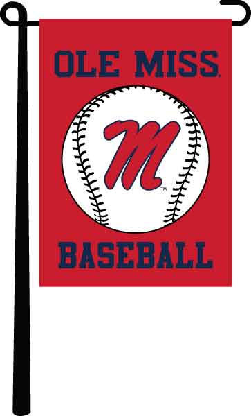 Red Ole Miss Baseball 13x18 Garden Flag hanging on black garden flag stand