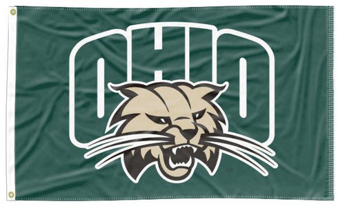 Green 3x5 Ohio University Flag with Ohio Bobcats Logo and Two Metal Grommets