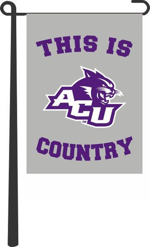 Grey 13x18 inch long Abilene Christian University This Is ACU Country Garden Flag hanging on a black Garden Flag Stand
