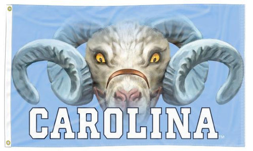 Blue 3x5 University of North Carolina Flag with Ram Eyes Logo and Two Metal Grommets