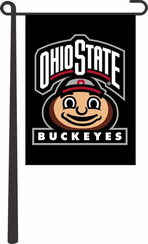 Black 13x18 Ohio State Garden Flag with Ohio State Buckeyes with Brutus Buckeye Face Logos