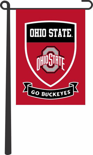 Red 13x18 Ohio State Garden Flag with Go Buckeyes and Shield Logo