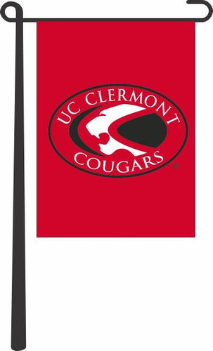 Red 13x18 inch long University of Cincinnati Clermont Garden Flag hanging on Garden Flag Stand